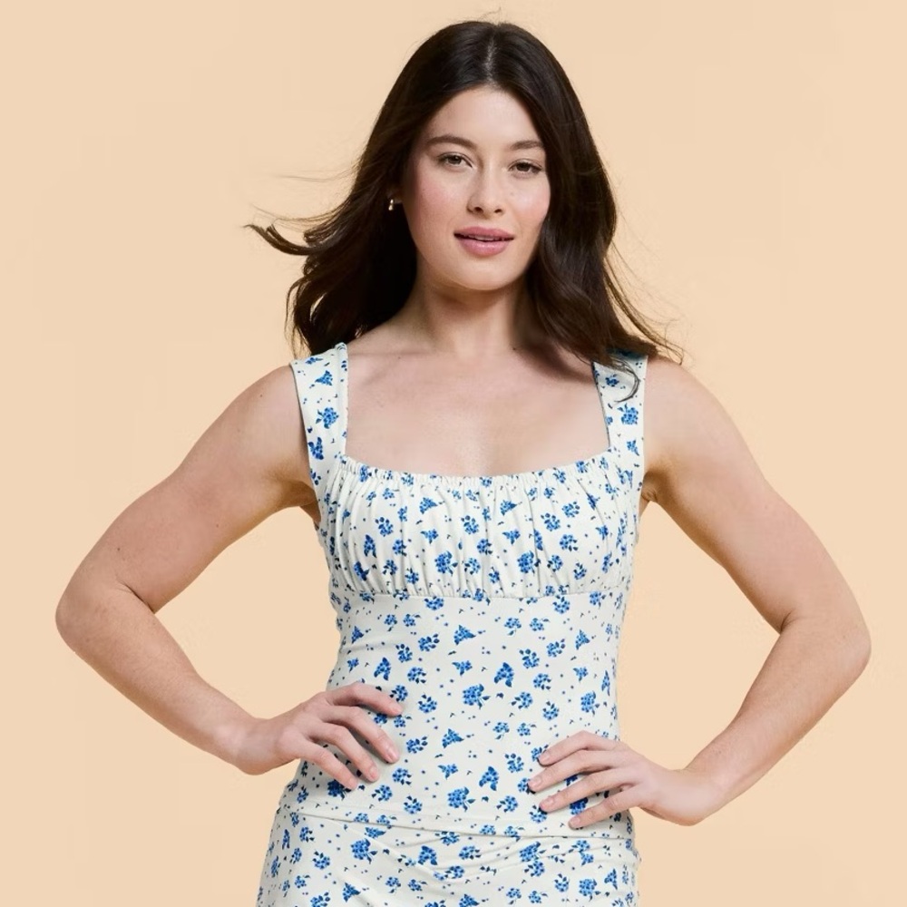 Blogilates Women's Bow Back Tank Top Cream/Blue Floral